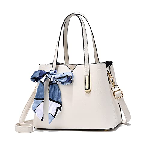 NICOLE & DORIS Damen Handtasche Modern Schultertasche Tote Handtasche Mittelgroß Frauen Umhängetasche PU Leder Henkeltasche mit Vielen Fächern Weiß von NICOLE & DORIS