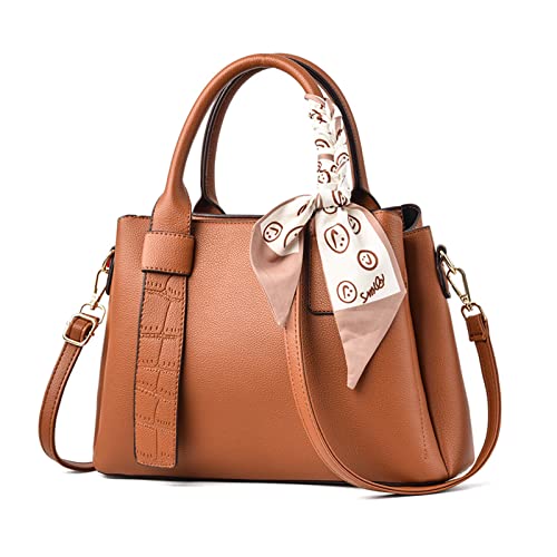 NICOLE & DORIS Damen Handtasche Modern Schultertaschen PU Leder Henkeltasche Elegante Frauen Umhängetasche Satchel Handtasche Shopper Tote Bag mit Seidentuch Braun von NICOLE & DORIS