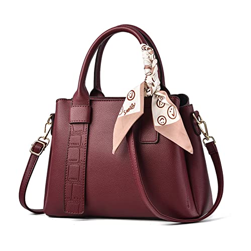 NICOLE & DORIS Damen Handtasche Modern Schultertaschen PU Leder Henkeltasche Elegante Frauen Umhängetasche Satchel Handtasche Shopper Tote Bag mit Seidentuch Burgundisch von NICOLE & DORIS