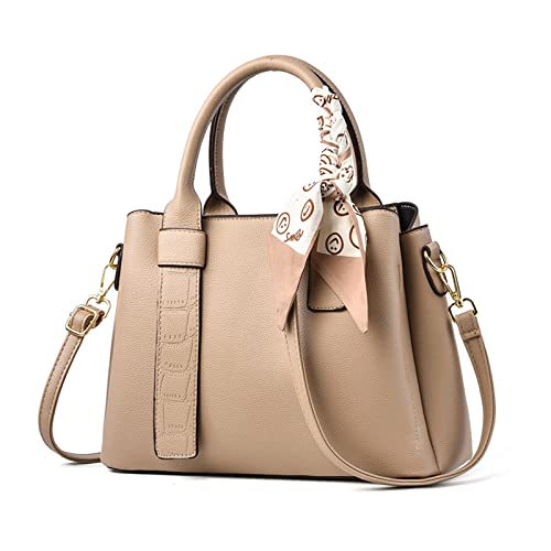 NICOLE & DORIS Damen Handtasche Modern Schultertaschen PU Leder Henkeltasche Elegante Frauen Umhängetasche Satchel Handtasche Shopper Tote Bag mit Seidentuch Khaki von NICOLE & DORIS