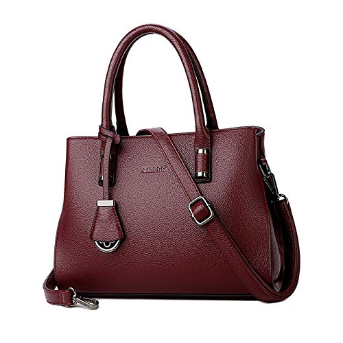 NICOLE & DORIS Damen Handtasche Tote Shopper PU Leder Henkeltasche Multi Pocket Schultertasche Viele Fächer Zip Umhängetasche Mode Arbeit Satchel Rotwein von NICOLE & DORIS