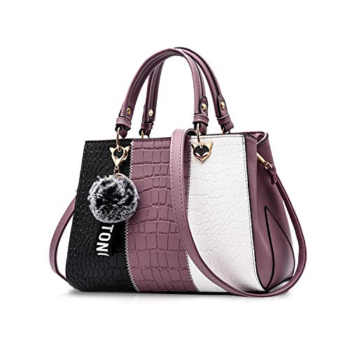 NICOLE & DORIS Damen Handtasche Umhängetasche Henkeltasche Kuriertasche Elegant Damen Handtaschen mit Kaninchen Pelz Kugel Plüsch Schlüsselring Lila 1 von NICOLE & DORIS