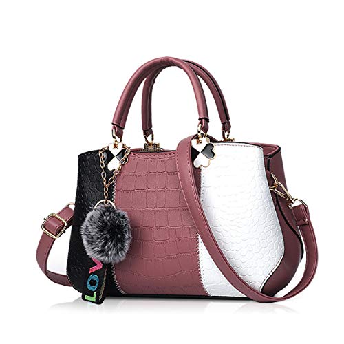 NICOLE & DORIS Damen Handtasche Umhängetasche Henkeltasche Kuriertasche Elegant Damen Handtaschen mit Kaninchen Pelz Kugel Plüsch Schlüsselring Pink 3 von NICOLE & DORIS