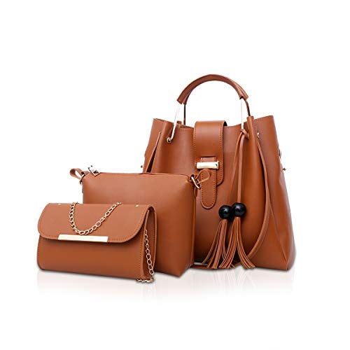 NICOLE & DORIS Damen Handtaschen 3 Stück Taschen für Damen Kette Tasche Top-Griffe Schultertaschen PU Leder Tragetaschen Umhängetasche Braun von NICOLE & DORIS