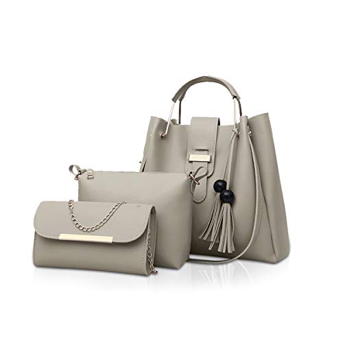 NICOLE & DORIS Damen Handtaschen 3 Stück Taschen für Damen Kette Tasche Top-Griffe Schultertaschen PU Leder Tragetaschen Umhängetasche Grau von NICOLE & DORIS