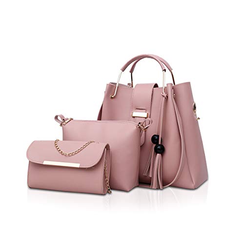 NICOLE & DORIS Damen Handtaschen 3 Stück Taschen für Damen Kette Tasche Top-Griffe Schultertaschen PU Leder Tragetaschen Umhängetasche Rosa von NICOLE & DORIS