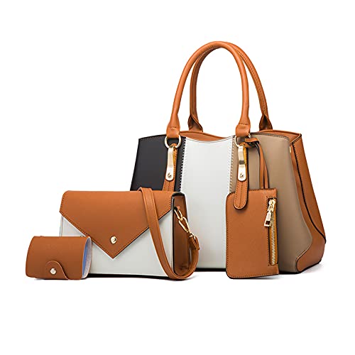 NICOLE & DORIS Damen Handtaschen 4 Teiliges Set Henkeltasche Schultertasche Kontrastfarbene Umhängetasche+Modische Crossbody Bag+Süße Brieftasche+Kartenhalter Braun von NICOLE & DORIS