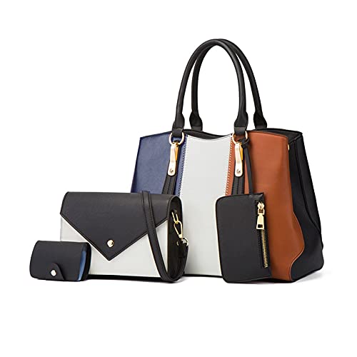 NICOLE & DORIS Damen Handtaschen 4 Teiliges Set Henkeltasche Schultertasche Kontrastfarbene Umhängetasche+Modische Crossbody Bag+Süße Brieftasche+Kartenhalter Schwarz von NICOLE & DORIS