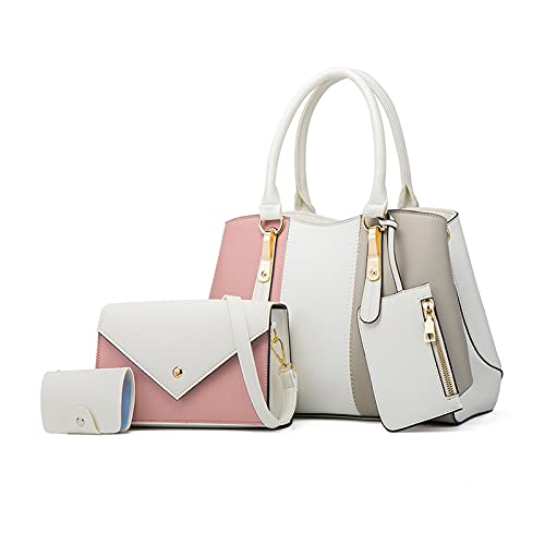 NICOLE & DORIS Damen Handtaschen 4 Teiliges Set Henkeltasche Schultertasche Kontrastfarbene Umhängetasche+Modische Crossbody Bag+Süße Brieftasche+Kartenhalter Weiß von NICOLE & DORIS