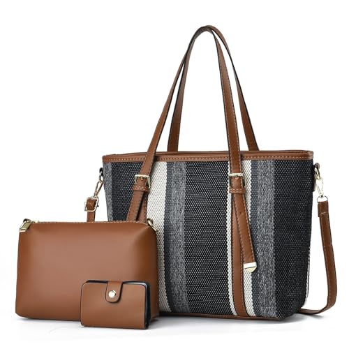 NICOLE & DORIS Damen Handtaschen Groß Shopper Tasche Damen Schultertasche Nylon 3er Set Tote Handtasche Leichte Umhängetasche für Büro Schule Einkauf Schwarz von NICOLE & DORIS