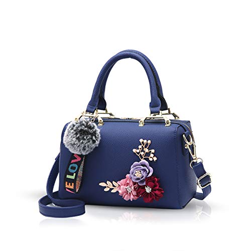 NICOLE & DORIS Damen Handtaschen Klein Umhängetasche Blumen Henkeltasche Floral Handtaschen Schultertasche mit Pompom Anhänger Crossbody Bag Designer Tasche Blau von NICOLE & DORIS