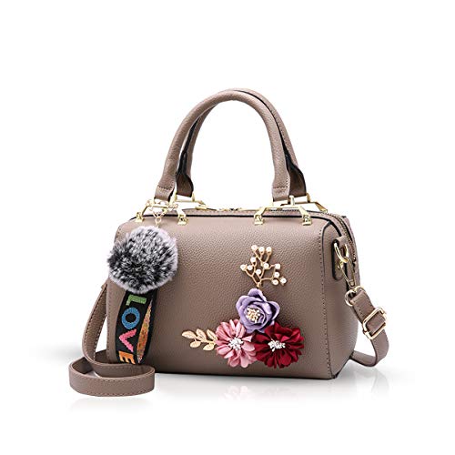 NICOLE & DORIS Damen Handtaschen Klein Umhängetasche Blumen Henkeltasche Floral Handtaschen Schultertasche mit Pompom Anhänger Crossbody Bag Designer Tasche Khaki von NICOLE & DORIS