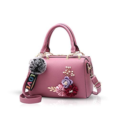 NICOLE & DORIS Damen Handtaschen Klein Umhängetasche Blumen Henkeltasche Floral Handtaschen Schultertasche mit Pompom Anhänger Crossbody Bag Designer Tasche Rosa von NICOLE & DORIS