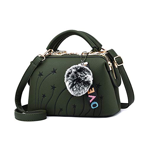 NICOLE & DORIS Damen Handtaschen Kleine Umhängetasche Elegante Tote Henkeltasche PU Leder Schultertaschen Frauen Shopper Tasche mit Haarballanhänger Grün von NICOLE & DORIS