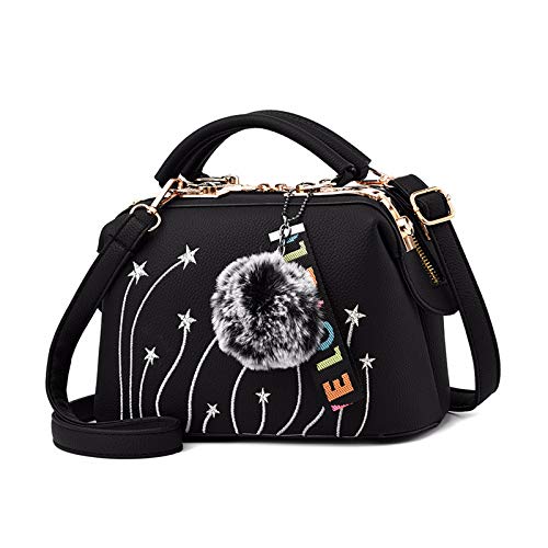 NICOLE & DORIS Damen Handtaschen Kleine Umhängetasche Elegante Tote Henkeltasche PU Leder Schultertaschen Frauen Shopper Tasche mit Haarballanhänger Schwarz von NICOLE & DORIS