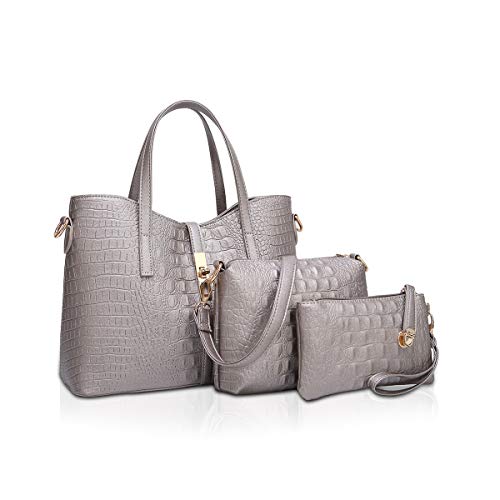 NICOLE & DORIS Damen Handtaschen Stück Handtasche 3 Stück Tote Handtasche + Umhängetaschen + Armband, Krokodil Tasche Frauen Grau von NICOLE & DORIS