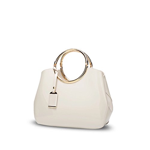 NICOLE & DORIS Damen Handtasche Lackleder Clutch Henkeltasche Abendtasche Umhängetasche wasserdichte Schultertaschen Mode Tasche mit Abnehmbarem Schultergurt Cremeweiß von NICOLE & DORIS