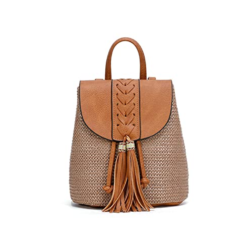 NICOLE & DORIS Damen Kleine Rucksack Stroh Rucksack Sommer Strandtasche Mode Rucksäcke Kordelzug Schultertasche Casual Daypack Reiserucksack Tagesrucksack mit Quasten Grau von NICOLE & DORIS
