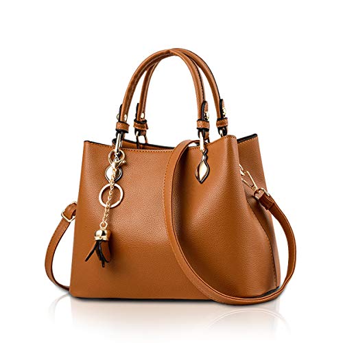 NICOLE & DORIS Damen Kleine Top Griff Henkeltasche Kunstleder Umhängetasche Handtasche Tote Shopper mit Anhänger Schlüsselring Braun von NICOLE & DORIS