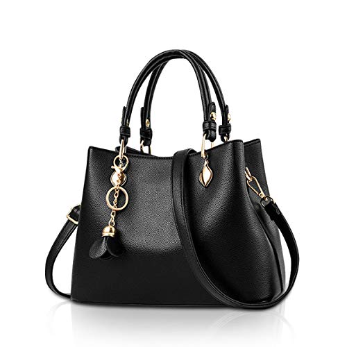 NICOLE & DORIS Damen Kleine Top Griff Henkeltasche Kunstleder Umhängetasche Handtasche Tote Shopper mit Anhänger Schlüsselring Schwarz von NICOLE & DORIS