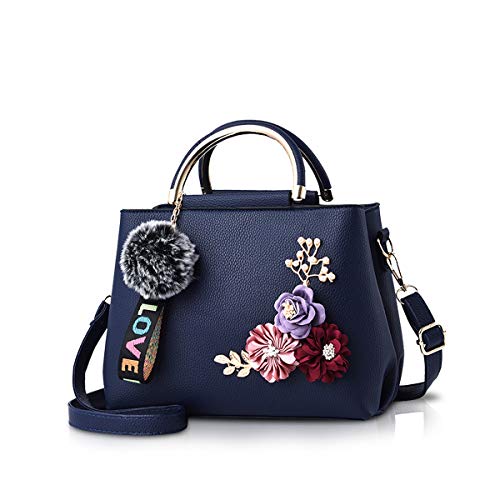 NICOLE & DORIS Damen Leder Handtasche Umhängetaschen mit Blume Jahrgang Griff Tasche Designer Tote Geldbörse mit Pom Pom Dunkelblau von NICOLE & DORIS