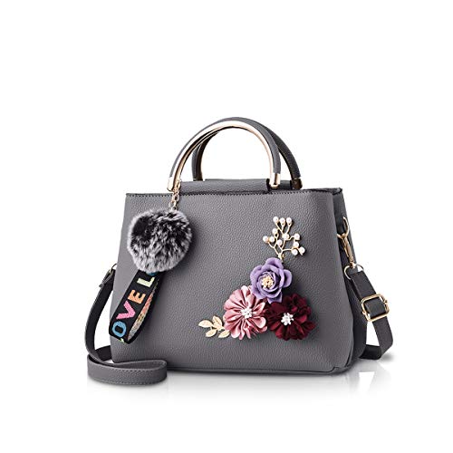 NICOLE & DORIS Damen Leder Handtasche Umhängetaschen mit Blume Jahrgang Griff Tasche Designer Tote Geldbörse mit Pom Pom dunkelgrau von NICOLE & DORIS