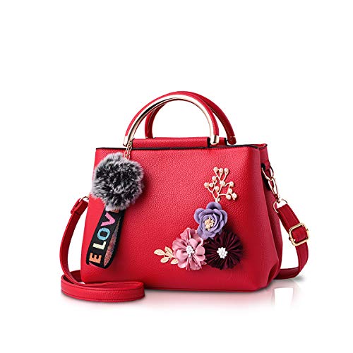 NICOLE & DORIS Damen Leder Handtasche Umhängetaschen mit Blume Jahrgang Griff Tasche Designer Tote Geldbörse mit Pom Pom rot von NICOLE & DORIS