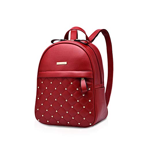 NICOLE & DORIS Damen Mode Rucksack Schultasche Rucksack Umhängetasche mit Niet Leicht Gitter Beiläufig Tagesrucksack PU Leder Rotwein von NICOLE & DORIS