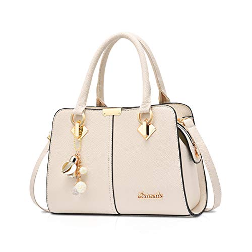 NICOLE & DORIS Damen Handtasche Mittelgross Elegant Handtaschen Mode Umhängetasche Henkeltaschen PU Leder Alltags Schultertasche mit Quasten Anhänger Weiß von NICOLE & DORIS