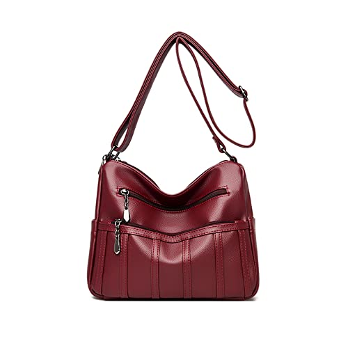 NICOLE & DORIS Damen Schultertasche Vintage Umhängetasche Multi-Pocket Shopper Tasche Crossbody Bag Damen Mode Reisetasche Reißverschluss Handtasche Weinrot von NICOLE & DORIS