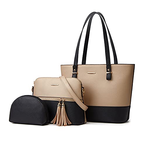 NICOLE & DORIS Damen Schultertaschen Groß Frauen Umhängetasche Designer Elegante Damen Handtaschen 2-Teiliges Set Tote Bag Shopper PU Leder Multifunktion Tasch Gold mit Schwarz von NICOLE & DORIS