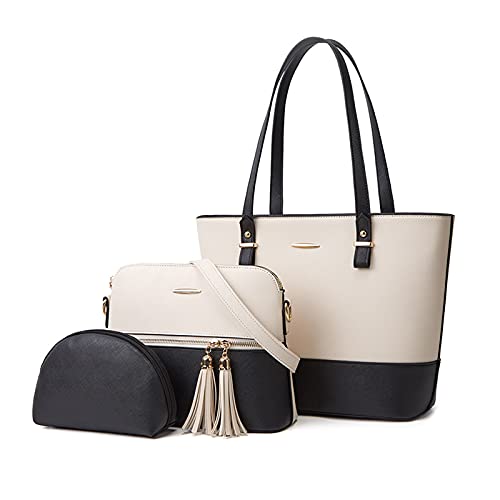 NICOLE & DORIS Damen Schultertaschen Groß Frauen Umhängetasche Designer Elegante Damen Handtaschen 2-Teiliges Set Tote Bag Shopper PU Leder Multifunktion Tasch Weiß mit Schwarz von NICOLE & DORIS