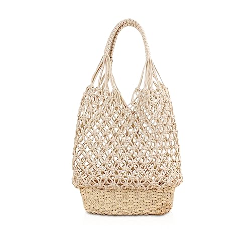 NICOLE & DORIS Damen Strandtasche Groß Mesh Handtaschen Stroh Schultertasche Leichte Shopper Tasche Sommer Strandtasche Gewebt Einkaufstasche Tote Bag für Strand Familie Reise Weiß von NICOLE & DORIS