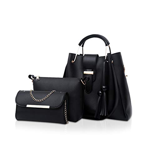 NICOLE & DORIS Damen Handtaschen 3 Stück Taschen für Damen Kette Tasche Top-Griffe Schultertaschen PU Leder Tragetaschen Umhängetasche Schwarz von NICOLE & DORIS