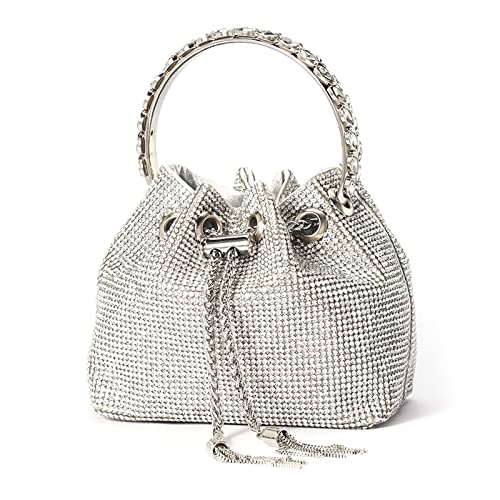 NICOLE & DORIS Damen Tasche Strass Elegant Handtasche Clutch Taschen Glitzer Abendtasche Eimertasche Geldbörse Strasssteine Schultertasche Tasche für Hochzeit Party Freizeit Silber von NICOLE & DORIS