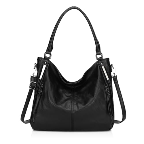 NICOLE & DORIS Handtasche Damen Umhängetasche Weiche Leder Taschen Groß Schultertasche Retro Henkeltasche Hobo Bag Shopper Damen Tragetasche mit Mehreren Taschen Schwarz von NICOLE & DORIS