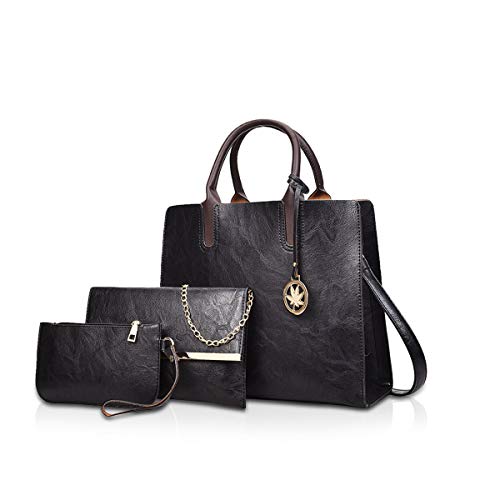 NICOLE & DORIS Damen handtaschen 3 Stück Leder Handtasche für Damen aus Leder Totes + Crossbody + Geldbörse Schwarz von NICOLE & DORIS