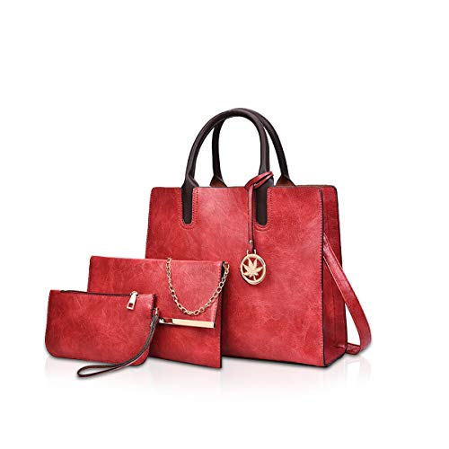 NICOLE & DORIS Damen handtaschen 3 Stück Leder Handtasche für Damen aus Leder Totes + Crossbody + Geldbörse rot von NICOLE & DORIS