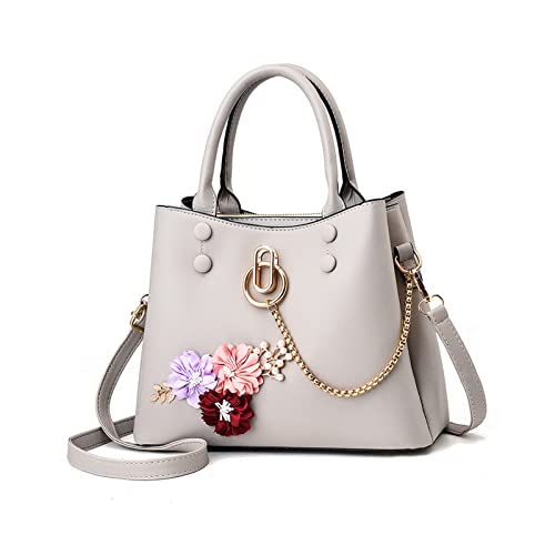 NICOLE & DORIS Damenhandtaschen Mode Schultertaschen Designer Klein Tasche Florale Umhängetasche PU Leder Handtasche Blumenmuster Henkeltasche mit Kette Weiß von NICOLE & DORIS