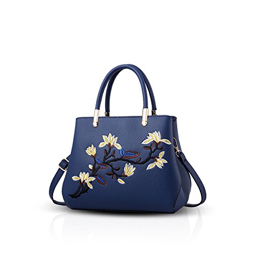 NICOLE & DORIS Elegante Damen Handtaschen Frauen Schultertaschen mit Stickerei Blume Umhängetasche PU Leder Tote Henkeltasche Navy blau von NICOLE & DORIS