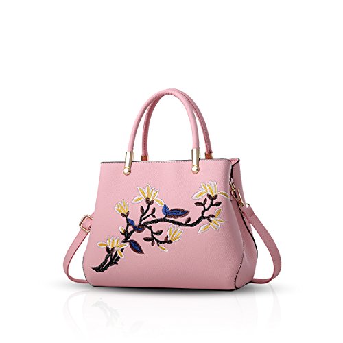 NICOLE & DORIS Elegante Damen Handtaschen Frauen Schultertaschen mit Stickerei Blume Umhängetasche PU Leder Tote Henkeltasche Rosa von NICOLE & DORIS