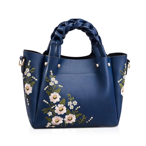 NICOLE & DORIS Elegant Handtasche Damen Shopper Tote PU-Leder Henkeltasche Frauen Schultertasche Bestickte Umhängetasche für Arbeit Schule Shoppin Navy blau von NICOLE & DORIS