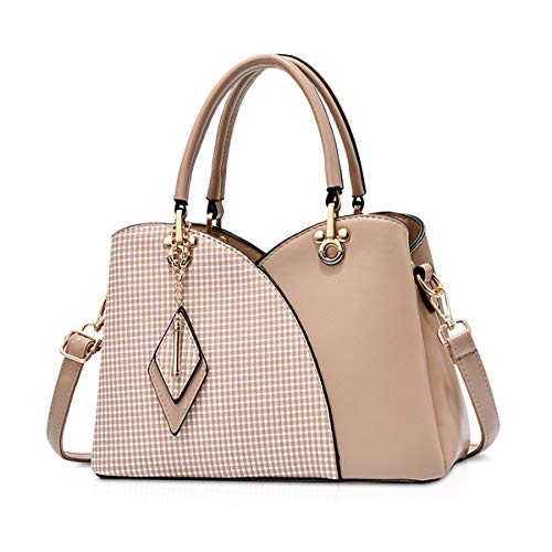 NICOLE & DORIS Elegante Damen Handtasche mit Mehreren Taschen Schultertaschen aus PU-Leder Henkeltaschen Karierte Umhängetasche mit Anhänger Khaki von NICOLE & DORIS