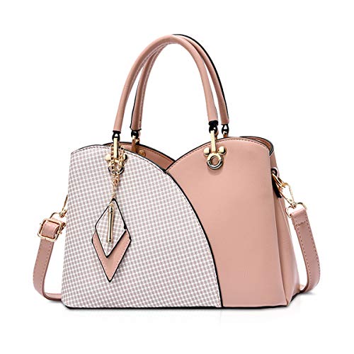 NICOLE & DORIS Elegante Damen Handtasche mit Mehreren Taschen Schultertaschen aus PU-Leder Henkeltaschen Karierte Umhängetasche mit Anhänger Rosa von NICOLE & DORIS