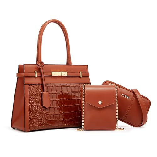 NICOLE & DORIS Elegante Handtasche Damen Kroko Handtaschen 3er Set Shopper Schultertasche PU Leder Umhängetasche Handytasche Tote Tasche für Büro Schule Einkauf Braun von NICOLE & DORIS