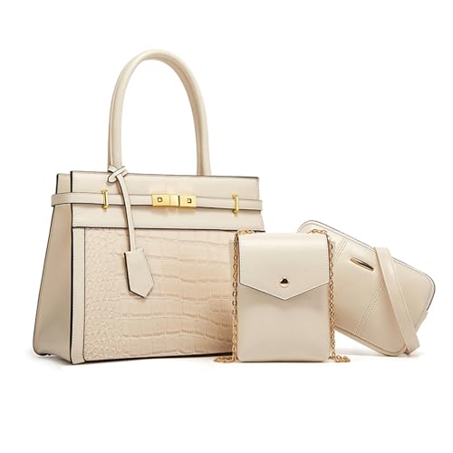 NICOLE & DORIS Elegante Handtasche Damen Kroko Handtaschen 3er Set Shopper Schultertasche PU Leder Umhängetasche Handytasche Tote Tasche für Büro Schule Einkauf Weiß von NICOLE & DORIS