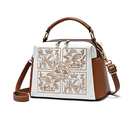 NICOLE & DORIS Elegante Handtasche Klein Damen Umhängetasche Stickerei Henkeltasche Modern Schultertaschen PU Leder Mädchen Crossbody Bag Handytaschen Weiß mit Braun von NICOLE & DORIS