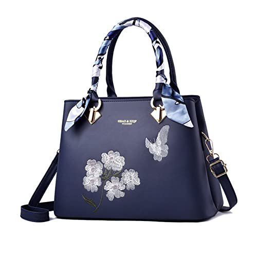 NICOLE & DORIS Elegante Handtaschen Damen Modern Schultertasche Satchel Handtasche mit Stickerei Blume Frauen Umhängetasche PU Leder Henkeltasche Crossbody Bag Blau von NICOLE & DORIS