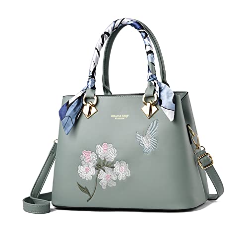 NICOLE & DORIS Elegante Handtaschen Damen Modern Schultertasche Satchel Handtasche mit Stickerei Blume Frauen Umhängetasche PU Leder Henkeltasche Crossbody Bag Grün von NICOLE & DORIS