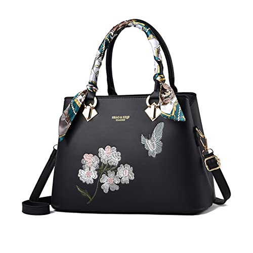 NICOLE & DORIS Elegante Handtaschen Damen Modern Schultertasche Satchel Handtasche mit Stickerei Blume Frauen Umhängetasche PU Leder Henkeltasche Crossbody Bag Schwarz von NICOLE & DORIS